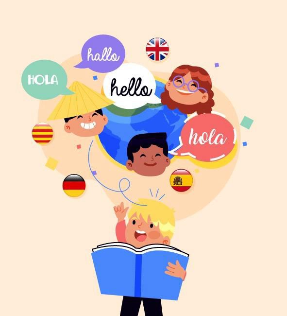 Ilustración de niños con bocadillos que dicen hola en varios idiomas